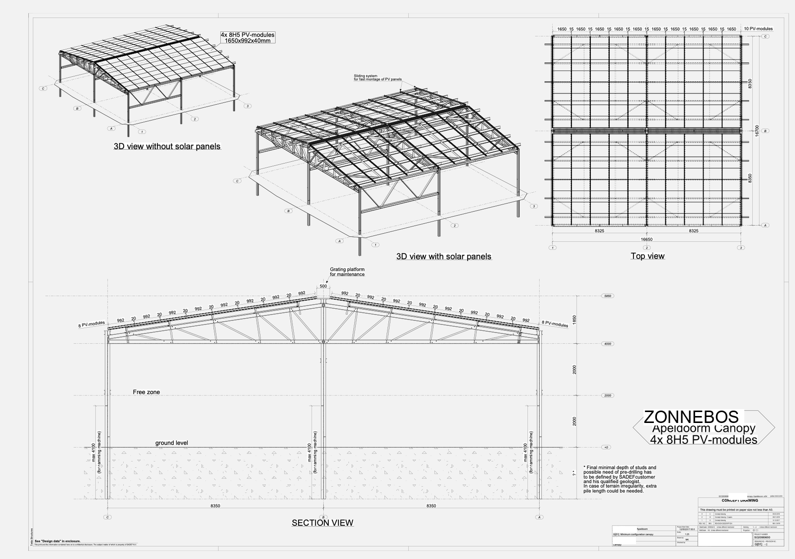 Constructietekening van het Zonnebos: 3D-aanzichten, bovenaanzicht en doorsnede met maatvoering